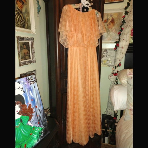 🧡 Rare Vintage 1970 ILGWU NWT Romantically orange hostess full length dress - Picture 4 of 10